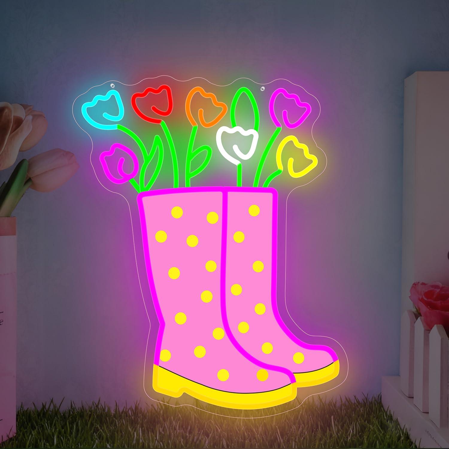 Neon Sign Party - Весенние тюльпаны, резиновые сапоги, неоновая вывеска,